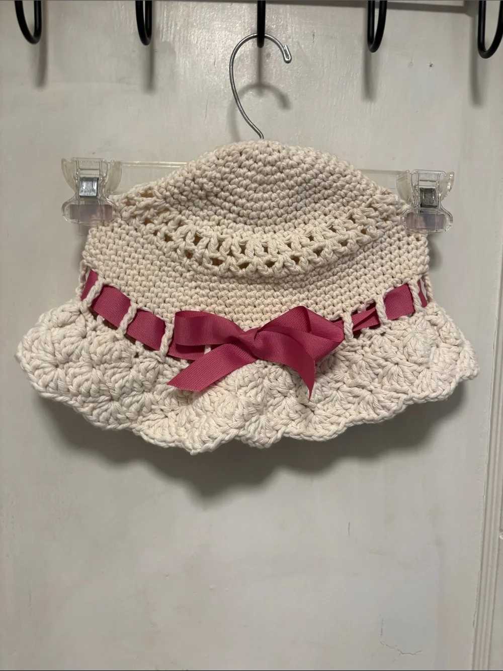 Cream Crochet Sun Hat with Pink Ribbon